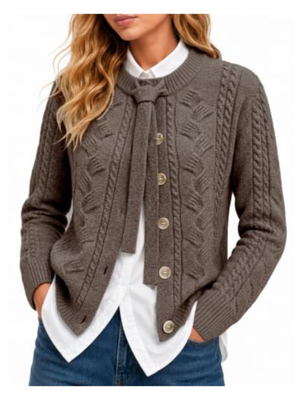 Wool Cable Knit Cardigan Button Bow Crew Neck Fitted Preppy Style